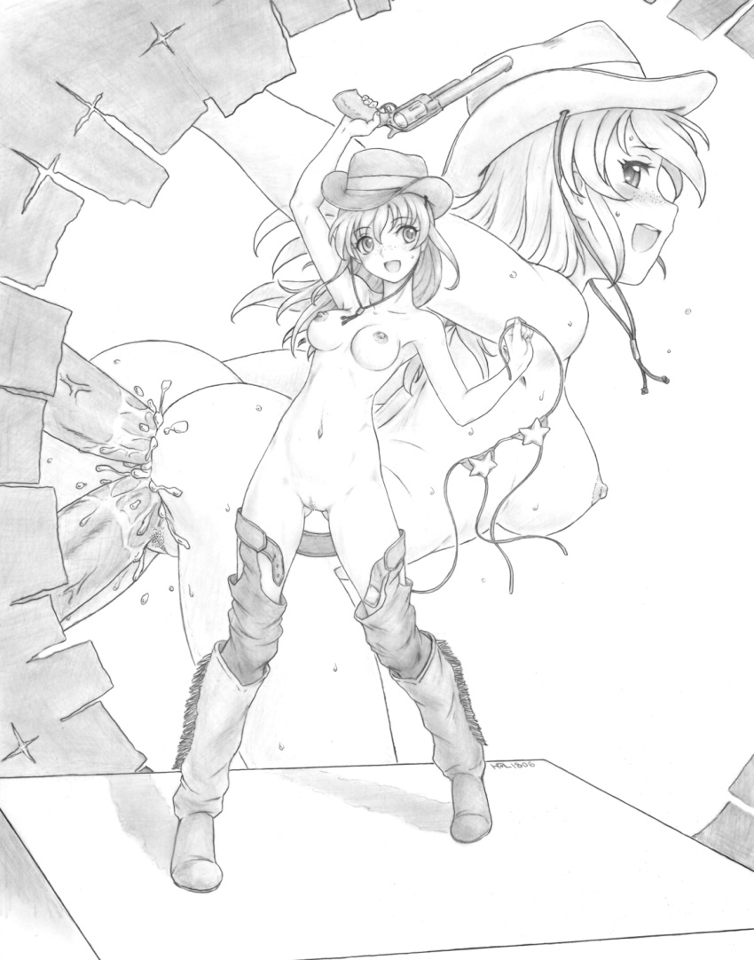 1girl anal arm_up ass ass_visible_through_thighs bent_over bikini_top_removed boots breasts censored cowboy_hat double_penetration freckles greyscale gun handgun harumachi_nagaaki hat highres holding holding_gun holding_weapon long_hair looking_at_viewer medium_breasts monochrome multiple_penises multiple_views navel nipples nude open_mouth original penis revolver sex sweat traditional_media vaginal weapon