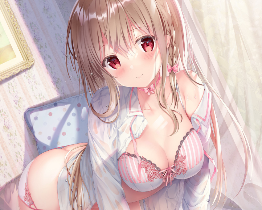 blush bow bra braids brown_hair close cropped long_hair open_shirt original panties red_eyes see_through sousouman underwear wet