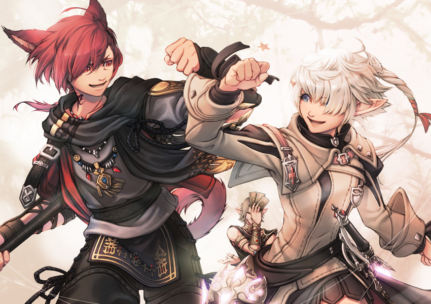 1girl 2boys alisaie_leveilleur animal_ears arm_up astrologian_(final_fantasy) bangs bare_shoulders black_vs_white blue_eyes bracelet card cat_boy cat_ears cat_tail coat elezen elf facial_mark final_fantasy final_fantasy_xiv fist_bump g'raha_tia gloves grey_hair hair_over_one_eye highres holding holding_card jewelry long_hair long_sleeves looking_at_another mihira_(tainosugatayaki) miqo'te multiple_boys neck_tattoo open_mouth pants pointy_ears red_eyes red_hair red_mage rope scarf shirt smile tail tarot tattoo urianger_augurelt weapon