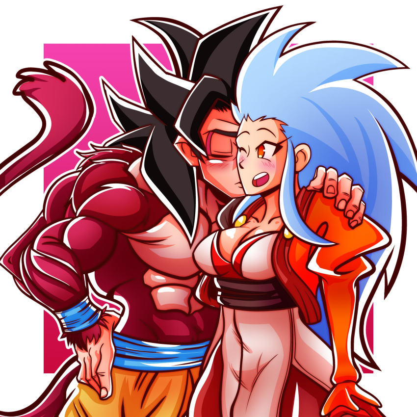 1boy 1girl abs artist_request black_hair blue_hair blush breasts cheek_kiss cleavage closed_eyes dragon_ball dragon_ball_gt hand_on_shoulder highres juliet_sleeves kiss long_hair long_sleeves mismatched_sleeves one_eye_closed open_mouth pants puffy_sleeves red_background red_fur red_tail ryouko_(tenchi_muyou!) sidelocks son_gokuu spiked_hair tail tenchi_muyou! yellow_eyes yellow_pants