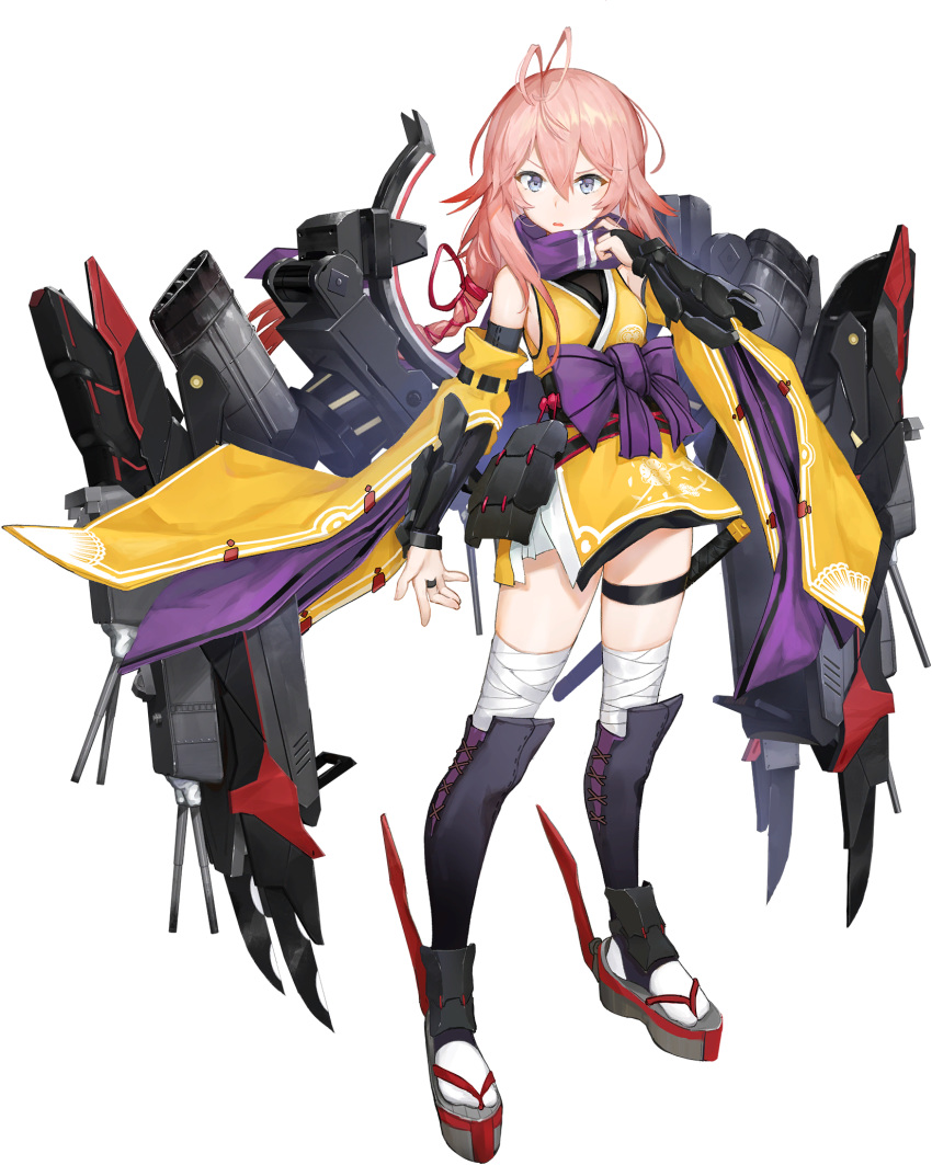 1girl antenna_hair armor artist_request bandaged_leg bandages bangs blue_oath detached_sleeves grey_eyes haguro_(blue_oath) hair_between_eyes hair_ribbon highres japanese_clothes kimono long_hair low-tied_long_hair obi official_art open_mouth pink_hair purple_scarf ribbon rigging sandals sash scarf sheath sheathed short_kimono solo thigh_strap transparent_background weapon wide_sleeves yellow_kimono