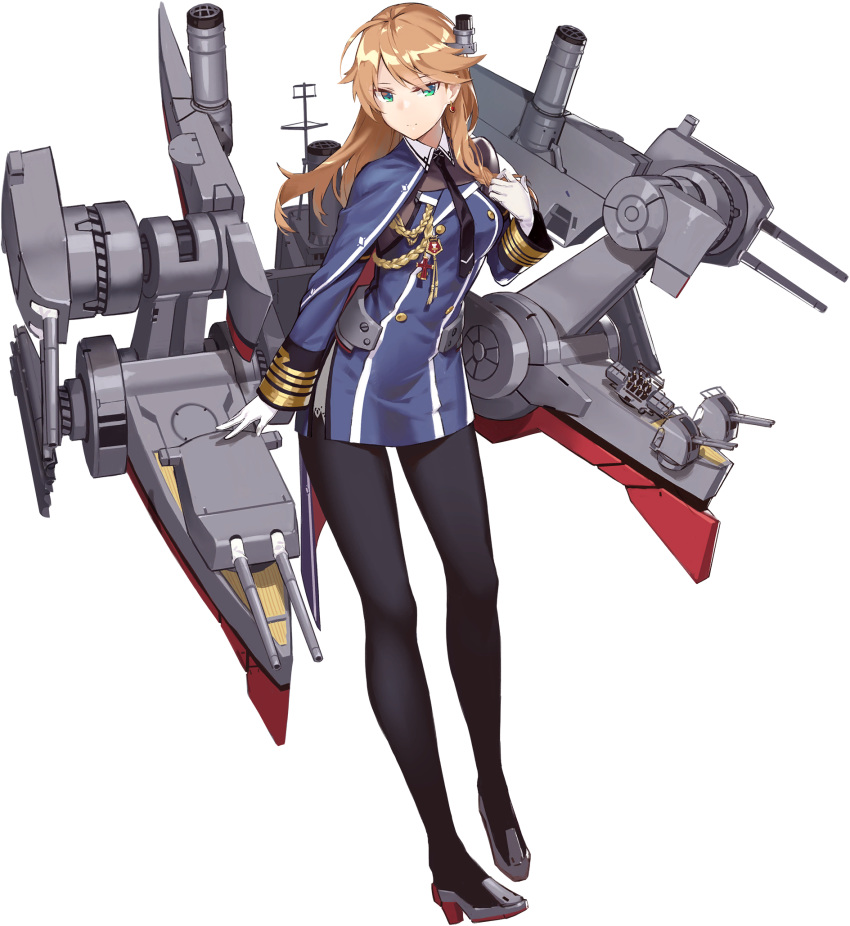 1girl artist_request bangs black_bodysuit black_neckwear blue_oath bodysuit breasts brown_hair closed_mouth earrings eyebrows_visible_through_hair gloves green_eyes headgear high_heels highres jacket jewelry long_hair long_sleeves medal medium_breasts military military_uniform necktie norfolk_(blue_oath) official_art rigging solo transparent_background uniform white_gloves