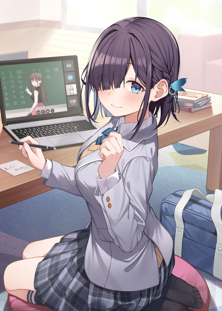 1girl bag bangs beige_sweater black_hair black_skirt blue_eyes blunt_bangs blush book book_stack closed_mouth collared_shirt commentary_request computer eyes_visible_through_hair grey_jacket hair_ornament hair_over_one_eye highres holding holding_pencil jacket kneehighs laptop looking_at_viewer mechanical_pencil original pencil plaid plaid_skirt pleated_skirt rug school_bag school_uniform shirt sitting skirt smile solo sweater_vest table wariza white_shirt wooden_floor yukiyama_momo