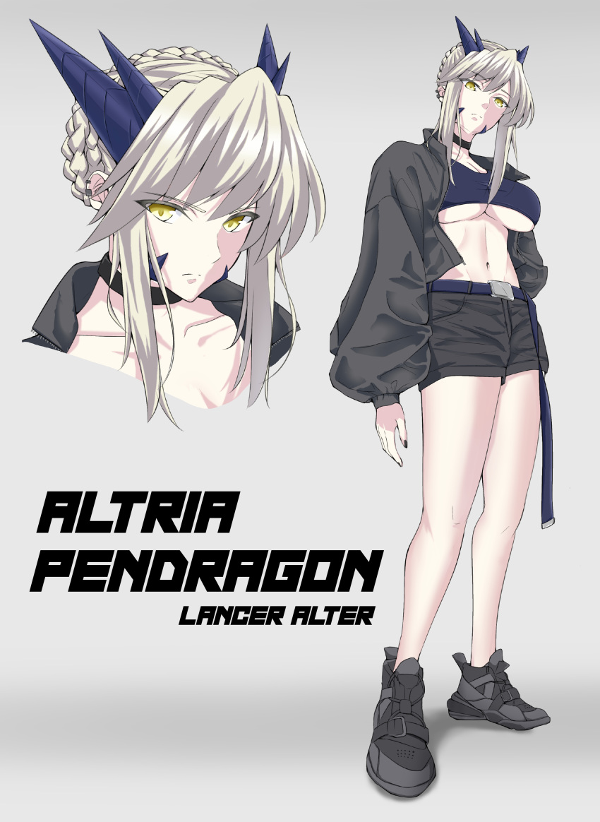 1girl absurdres artoria_pendragon_(all) artoria_pendragon_(lancer_alter) breasts character_name choker cleavage collarbone commentary_request eyebrows_visible_through_hair eyes_visible_through_hair fate/grand_order fate_(series) full_body grey_background grey_hair hair_between_eyes hair_bun highres jacket koujiro_(kouziro_1) large_breasts long_sleeves looking_at_viewer midriff multiple_views navel shorts simple_background standing stomach underboob yellow_eyes