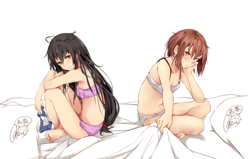 2girls artist_name barefoot bed_sheet black_hair blush bra brown_eyes brown_hair character_name closed_mouth collarbone eyebrows_visible_through_hair hair_between_eyes hand_on_own_cheek hatsushimo_(kantai_collection) holding kantai_collection light_smile long_hair multiple_girls navel panties pillow pink_bra pink_panties rizzl short_hair signature simple_background toes twitter_username underwear underwear_only wakaba_(kantai_collection) white_background white_bra white_panties