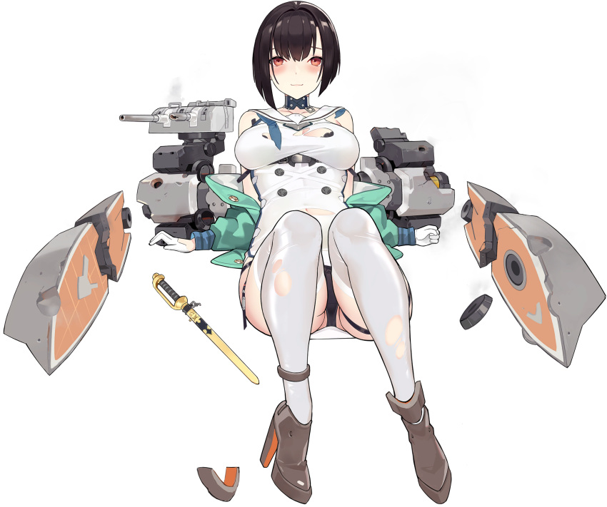 1girl artist_request bangs black_bra black_hair black_panties blue_neckwear blue_oath blush boots bra breasts damaged dress gloves green_jacket hair_ribbon high_heel_boots high_heels highres jacket large_breasts neckerchief official_art panties red_eyes ribbon rigging sailor_collar sailor_dress sheath sheathed skin_tight skindentation smile solo strap takao_(blue_oath) thighhighs torn_clothes torn_legwear transparent_background underwear weapon white_dress white_gloves white_legwear
