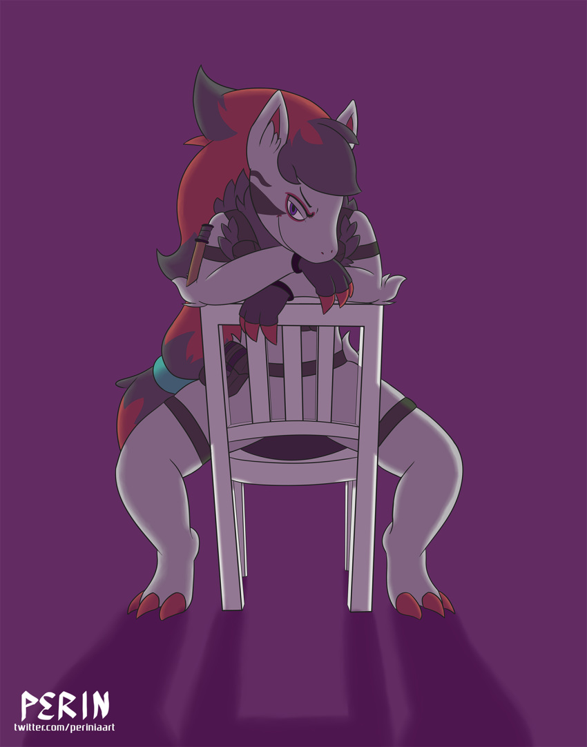 ambiguous_gender black_body black_fur chair claws fur furniture grey_body grey_fur hair head_markings hi_res inner_ear_fluff long_hair looking_at_viewer markings nintendo perinia pok&eacute;mon pok&eacute;mon_(species) purple_eyes red_claws red_hair semi-anthro sitting solo text tuft url video_games zoroark