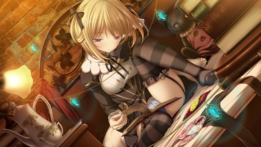 1girl black_legwear blonde_hair blue_eyes blue_panties book book_stack bow bow_panties brick_wall cup dress dutch_angle eyebrows_visible_through_hair game_cg garter_straps glowing hair_bow hair_rings indoors koku lamp liz_mathers long_sleeves no_shoes official_art on_bed on_lap open_book panties panties_removed pantyhose_removed pantyshot reading seishun_fragile sitting solo striped striped_legwear striped_panties stuffed_animal stuffed_cat stuffed_toy teacup teapot thighhighs turning_page underwear