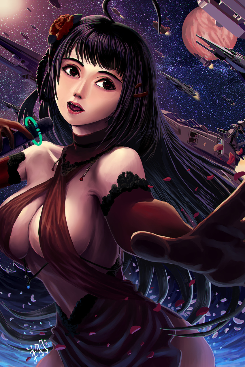 1girl 2017 ahoge asian black_eyes black_hair breasts cherry_blossoms commentary dated dress elbow_gloves energy_cannon english_commentary fleet flower galaxy gloves hair_flower hair_ornament highres hologram idol jewelry lips long_hair lynn_minmay macross microphone milky_way music original planet radio_antenna realistic ryu_shou science_fiction signature singing songstress space space_craft star_(sky) starfighter starry_background sun thrusters turret