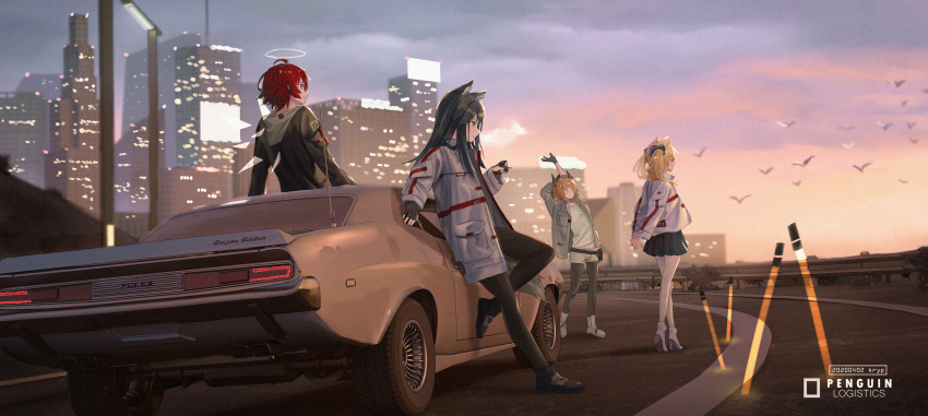 animal animal_ears arknights bird blonde_hair blue_eyes blue_hair building car city clouds croissant_(arknights) exusiai_(arknights) halo hoodie kryp132 logo long_hair orange_hair pantyhose red_hair scenic short_hair skirt sky sora_(arknights) sunset texas_(arknights) wolfgirl