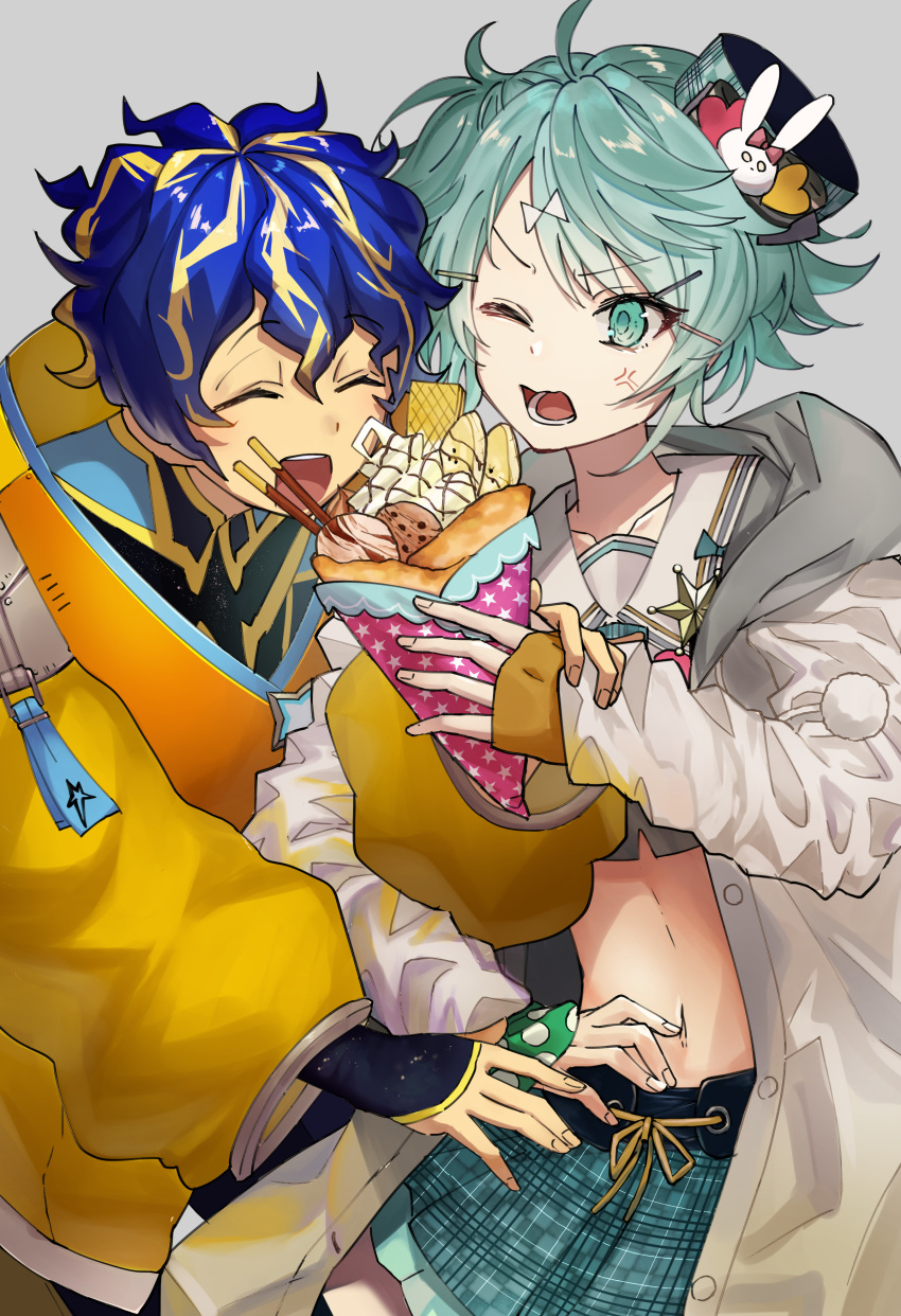 2boys ^_^ ^o^ absurdres anger_vein astel_leda blonde_hair blue_hair bodysuit closed_eyes coat commentary_request food green_eyes green_hair highres holostars ice_cream jacket kagami_kira long_sleeves male_focus messy_hair midriff multicolored_hair multiple_boys navel ohita_hio one_eye_closed open_mouth otoko_no_ko short_hair skirt two-tone_hair v-shaped_eyebrows virtual_youtuber yellow_coat