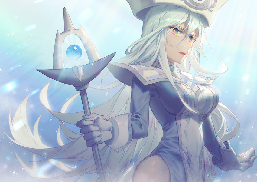 1girl bangs bare_hips blue_dress breasts character_request dress floating_hair gloves grey_eyes hair_between_eyes hat holding holding_staff long_hair medium_breasts open_mouth shiny shiny_hair shiny_skin side_slit silver_hair solo staff standing very_long_hair wenz white_gloves white_headwear yuu-gi-ou