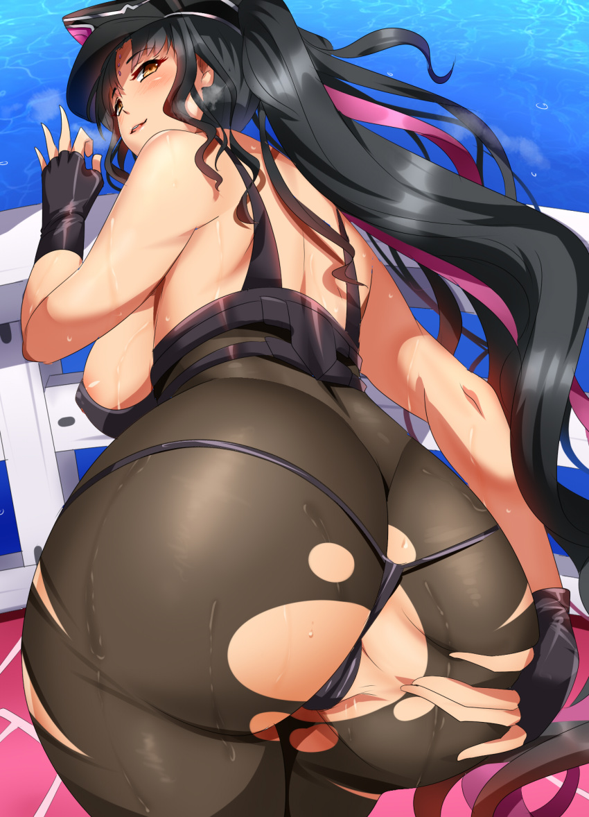 1girl ass ass_grab bent_over bikini black_bikini black_bodysuit black_gloves black_hair bodysuit breasts fate/grand_order fate_(series) fingerless_gloves forehead_tattoo from_behind gloves grabbing_own_ass hand_on_ass hand_on_own_ass hat highres large_breasts long_hair looking_back magukappu multicolored_hair peaked_cap police_hat ponytail presenting purple_hair sesshouin_kiara_(swimsuit_mooncancer)_(fate) solo spread_ass streaked_hair swimsuit torn_bodysuit torn_clothes yellow_eyes
