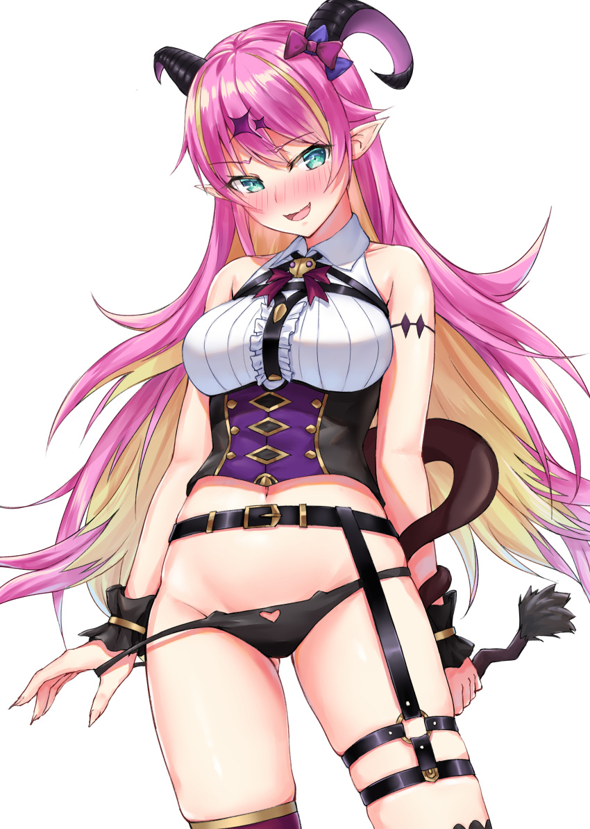 1girl absurdres arm_strap arms_at_sides asymmetrical_horns bare_shoulders belt black_panties blonde_hair blush bow breasts colored_inner_hair corset curled_horns demon_girl demon_horns fang green_eyes hair_ornament heart heart_panties heart_print highres hololive horn_bow horns long_hair looking_at_viewer maki_(pixiv9288678) mano_aloe medium_breasts midriff_peek mismatched_legwear multicolored_hair navel o-ring open_mouth panties panty_pull pink_hair pointy_ears print_panties shirt skindentation sleeveless sleeveless_shirt smile solo succubus tail thigh_strap thighs trembling two-tone_hair underwear virtual_youtuber wrist_cuffs