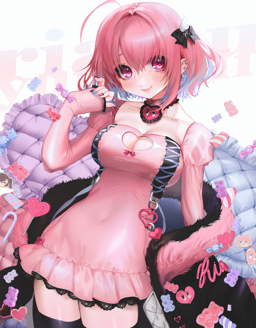 1girl ahoge bow breasts candy character_name cleavage cleavage_cutout cushion dress fang food gummy_bear hair_intakes highres idolmaster idolmaster_cinderella_girls lace_trim laces lollipop multicolored_hair nail_art pink_dress pink_eyes pink_hair puffy_sleeves shiny shiny_clothes sleeves_past_wrists tagme unxi yumemi_riamu