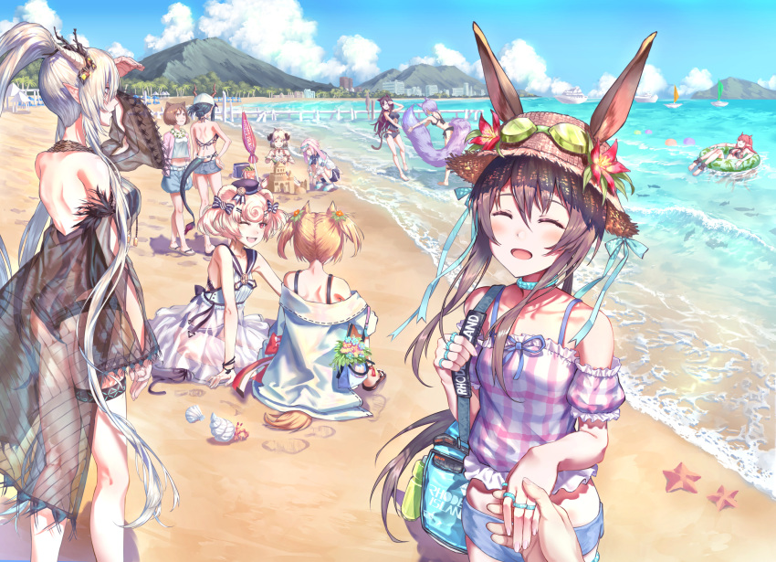 1boy 6+girls :d ^_^ amiya_(arknights) animal_ears ansel_(arknights) arknights backless_outfit backless_swimsuit bag bangs bare_arms bare_legs bare_shoulders beach beach_umbrella bear_ears black_swimsuit blonde_hair blue_hair blue_ribbon blue_shorts blue_sky blush boat bra_strap breasts brown_hair bunny_ears ch'en_(arknights) closed_eyes cloud commentary_request cowboy_shot crab day dragon_horns dragon_tail dress ears_through_headwear feet_out_of_frame flower from_behind goggles goggles_on_headwear gummy_(arknights) hair_between_eyes hand_on_hip hat hat_flower hermit_crab highres holding_hands holding_own_tail horns ifrit_(arknights) innertube jacket jewelry large_breasts large_tail long_hair long_ponytail mini_hat multiple_girls ocean off-shoulder_shirt off_shoulder one-piece_swimsuit open_mouth otoko_no_ko outdoors pink_hair pink_shirt pointy_ears ponytail pov provence_(arknights) puffy_short_sleeves puffy_sleeves purple_hair red_flower red_hair revision ribbon ring sand_castle sand_sculpture shining_(arknights) shirt short_shorts short_sleeves shorts silver_hair sitting sky skyfire_(arknights) sleeveless sleeveless_dress smile sora_(arknights) standing starfish sun_hat swimsuit tail thigh_strap thighs twintails umbrella very_long_hair vigna_(arknights) water watercraft white_dress white_jacket wolf_ears wolf_tail yuuki_higumo