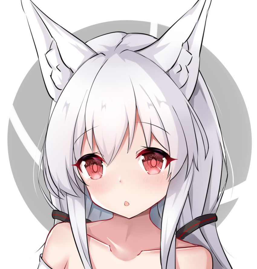 1girl :o alice_mana alice_mana_channel animal_ear_fluff animal_ears bangs bare_shoulders blush collarbone eyebrows_visible_through_hair fox_ears grey_background hair_between_eyes hair_ornament highres long_hair looking_at_viewer nagato-chan parted_lips red_eyes solo two-tone_background upper_body virtual_youtuber white_background white_hair