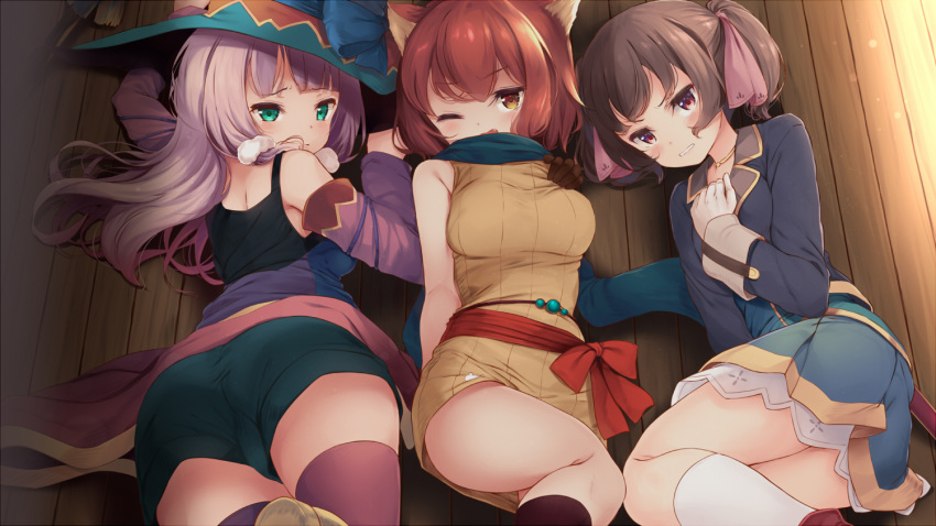 3girls animal_ears black_shirt blue_eyes breasts broom brown_hair brown_legwear cat_ears dress fang hair_ribbon hat kneehighs komone_ushio long_hair looking_at_viewer lying medium_breasts multiple_girls on_back on_floor on_side on_stomach one_eye_closed original purple_hair red_eyes red_hair ribbon scarf shirt short_hair shorts skirt sleeveless sleeveless_dress thighhighs twintails white_legwear witch_hat wooden_floor yellow_dress