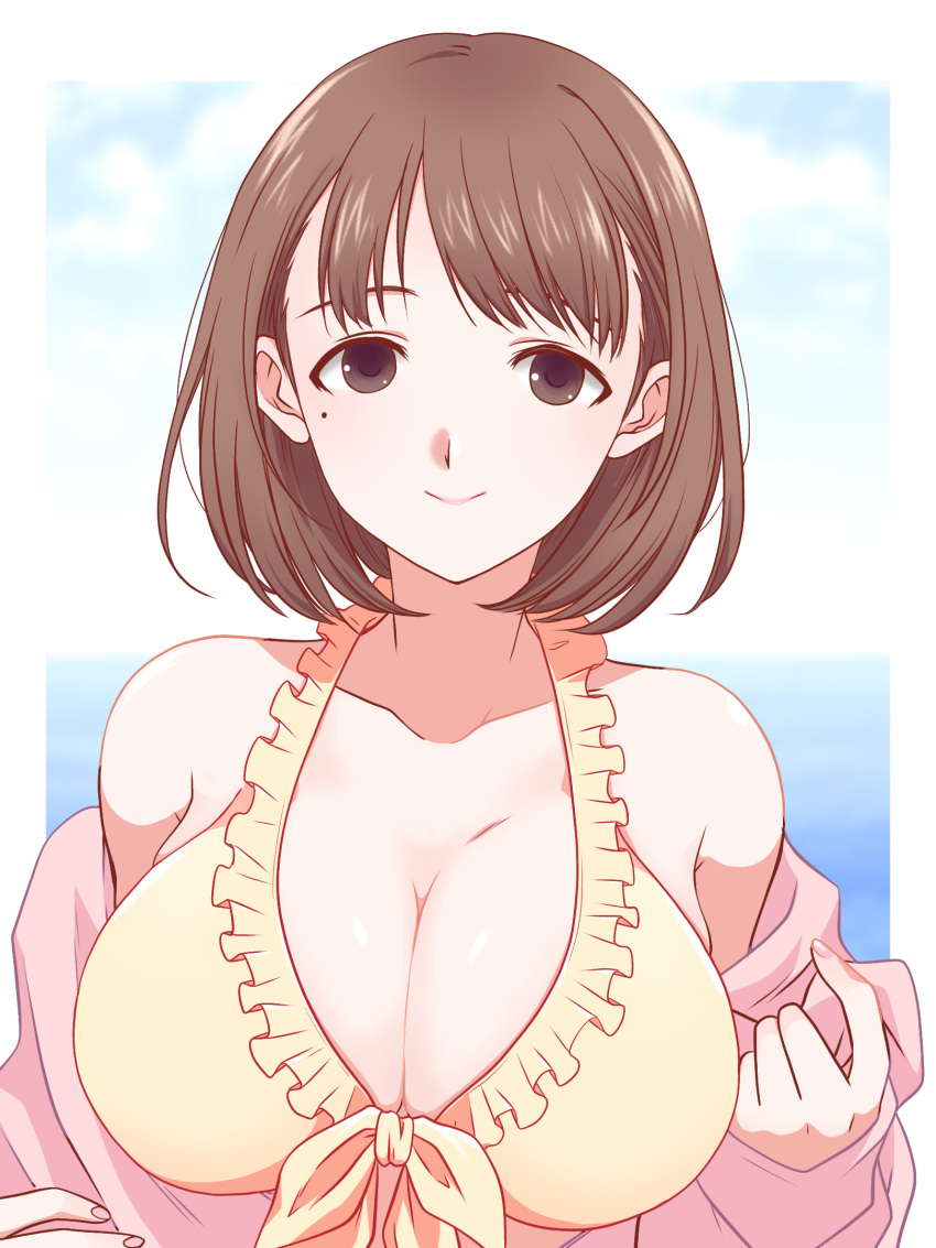 1girl anegasaki_nene bangs beckoning bikini blue_sky border breasts brown_eyes brown_hair cleavage closed_mouth cloud cloudy_sky commentary_request day frilled_bikini frills front-tie_bikini front-tie_top halterneck highres hikaru_(ofuton_at5) large_breasts looking_at_viewer love_plus mole mole_under_eye ocean off_shoulder outside_border short_hair sky smile solo swimsuit upper_body white_border yellow_bikini