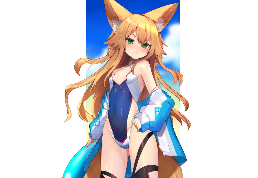 animal_ears blonde_hair blush cropped foxgirl garter green_eyes haik kokonoe_tsubaki long_hair original swim_ring swimsuit tail thighhighs