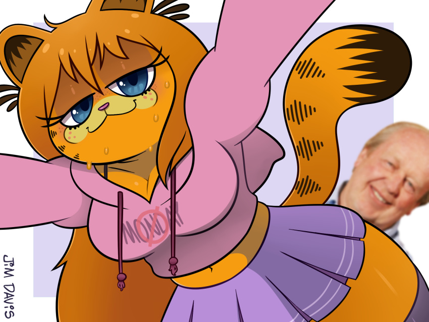 2020 4:3 absolute_territory afroninja180 anthro anthrofied arms_out bangs blue_eyes bodily_fluids bottomwear breasts cleavage clothed clothing crossgender domestic_cat ear_tuft felid feline felis female fully_clothed fur garfield_(series) garfield_the_cat hair hi_res hoodie human jim_davis legwear long_hair looking_at_viewer male mammal midriff mtf_crossgender navel orange_body orange_fur pink_hoodie pleated_skirt skirt stockings sweat text text_on_clothing text_on_hoodie text_on_topwear topwear tuft
