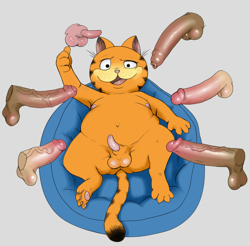 animal_genitalia animal_penis anthro anus balls disembodied_penis domestic_cat erection felid feline feline_penis felis fur garfield_(series) garfield_the_cat genitals group hi_res human humanoid_genitalia humanoid_penis looking_at_viewer lying male male/male mammal nivy_(artist) nude on_back open_mouth orange_body orange_fur penis simple_background slightly_chubby solo_focus