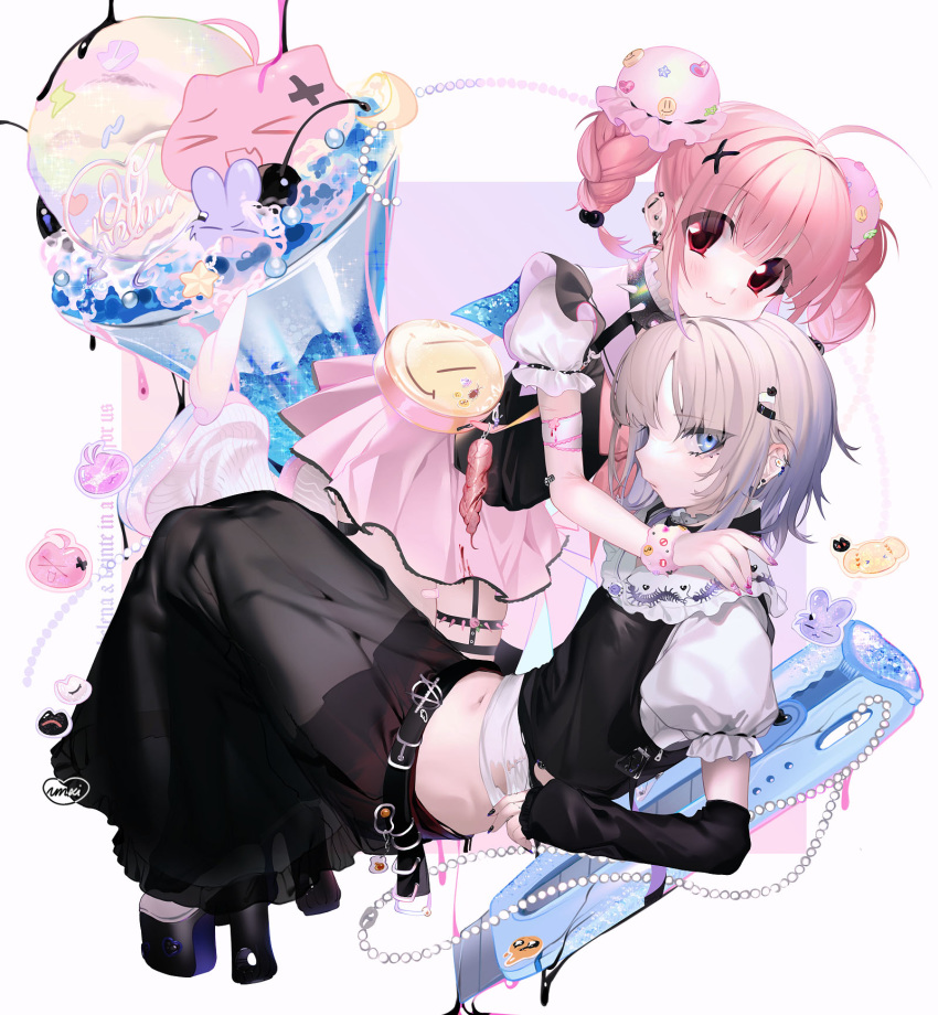 2girls :&lt; ahoge animalization bandaid bangs belt black_nails blade blood blue_eyes blunt_bangs braid collar detached_sleeves emoji fang food garter_straps glitter hair_ornament hairclip highres ice_cream intestines lilith_cat_(unxi) midriff multicolored_hair multiple_girls nail_art original pink_nails platform_footwear platform_heels pom_pom_(clothes) puffy_short_sleeves puffy_sleeves red_eyes sailor_collar short_hair short_sleeves silver_hair skin_fang sleeves_past_wrists socks spiked_collar spiked_garters spikes sticker tagme twin_braids unxi veinte white_legwear white_sailor_collar x_hair_ornament