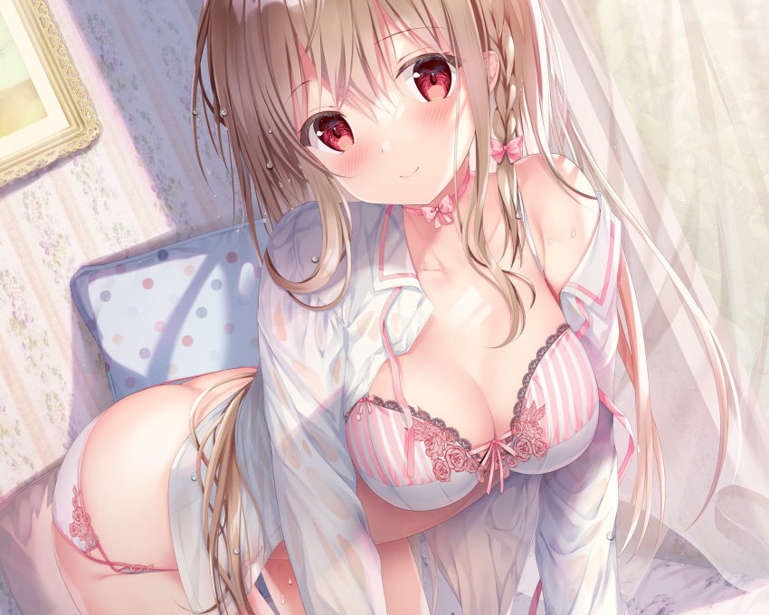 ass blush bow bra braids brown_hair close cropped long_hair open_shirt original panties red_eyes see_through sousouman underwear wet