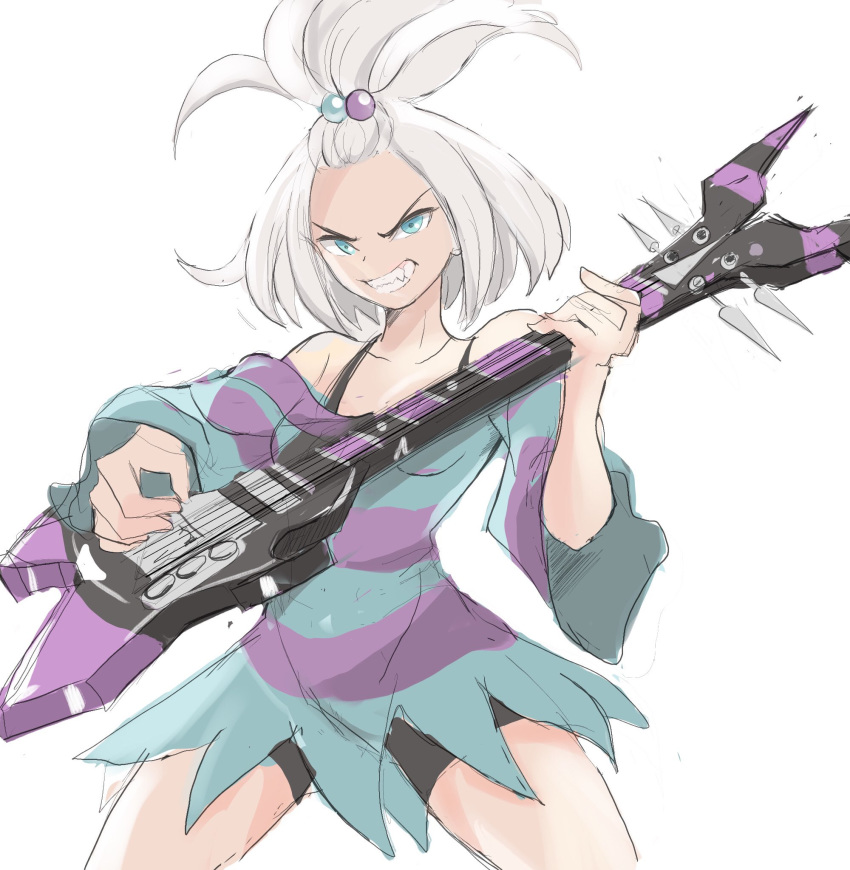 1girl baggy_clothes bass_guitar bike_shorts blue_eyes bra_strap commission dress fang forehead hair_bobbles hair_ornament highres instrument looking_at_viewer petite pokemon pokemon_(game) pokemon_bw2 rakeem_garcia-cueto roxie_(pokemon) solo striped striped_dress topknot white_hair