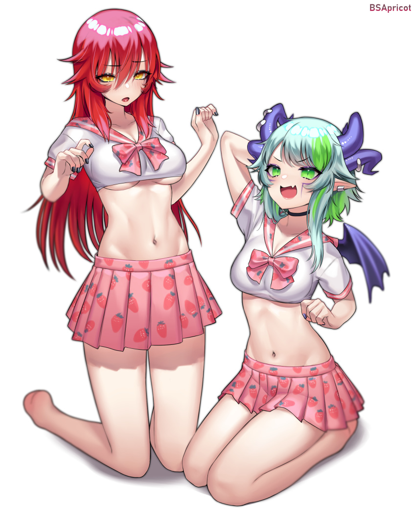 2girls :d absurdres arm_behind_head arm_up bangs barefoot blue_nails blush bow breasts commentary cosplay cosplay_request crop_top curled_horns danielle_brindle demon_girl demon_horns demon_wings ear_piercing english_commentary eyebrows_visible_through_hair fang food_print green_eyes green_hair half-closed_eyes highres horn_piercing horns kneeling long_hair looking_at_viewer medium_breasts midriff mini_wings multicolored_hair multiple_girls nail_polish navel open_mouth original piercing pink_bow pink_sailor_collar pink_skirt pleated_skirt pointy_ears print_bow print_sailor_collar print_skirt purple_wings red_hair sailor_collar school_uniform seiza serafuku shadow shirt short_sleeves signature sitting skirt small_breasts smile strawberry_print streaked_hair underboob v-shaped_eyebrows very_long_hair white_background white_shirt wings yellow_eyes