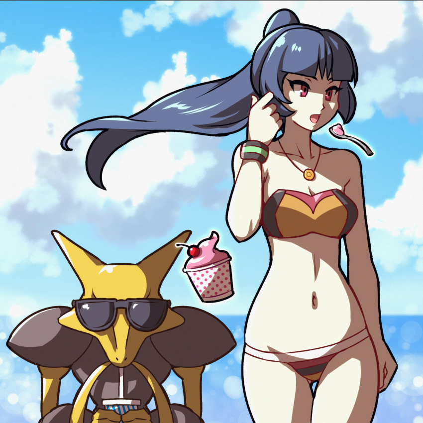 1girl akairiot alakazam arm_at_side bangs black_hair blunt_bangs bracelet cloud commentary day food gen_1_pokemon hand_up highres jewelry long_hair navel necklace open_mouth outdoors pink_eyes pokemon pokemon_(creature) pokemon_(game) pokemon_frlg sabrina_(pokemon) sky spoon sunglasses swimsuit telekinesis thigh_gap tongue