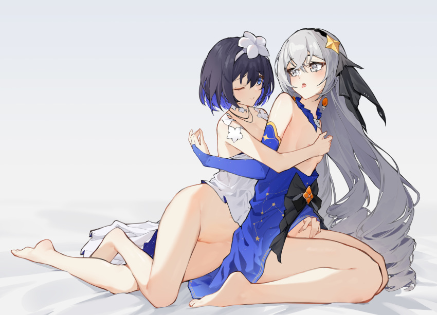 2girls absurdres bangs bare_legs bare_shoulders barefoot black_hair black_veil blue_dress blue_eyes blue_gloves blue_hair blush bottomless breasts bridal_gauntlets bronya_zaychik commentary crossed_bangs dress drill_hair earrings eye_contact flower gloves grey_eyes grey_hair hair_flower hair_ornament hand_on_another's_hip highres honkai_(series) honkai_impact_3rd hug hug_from_behind jewelry kuo_(kuo114514) long_hair looking_at_another multicolored_hair multiple_girls pussy seele_vollerei sidelocks small_breasts tongue tongue_out two-tone_hair very_long_hair white_flower yuri