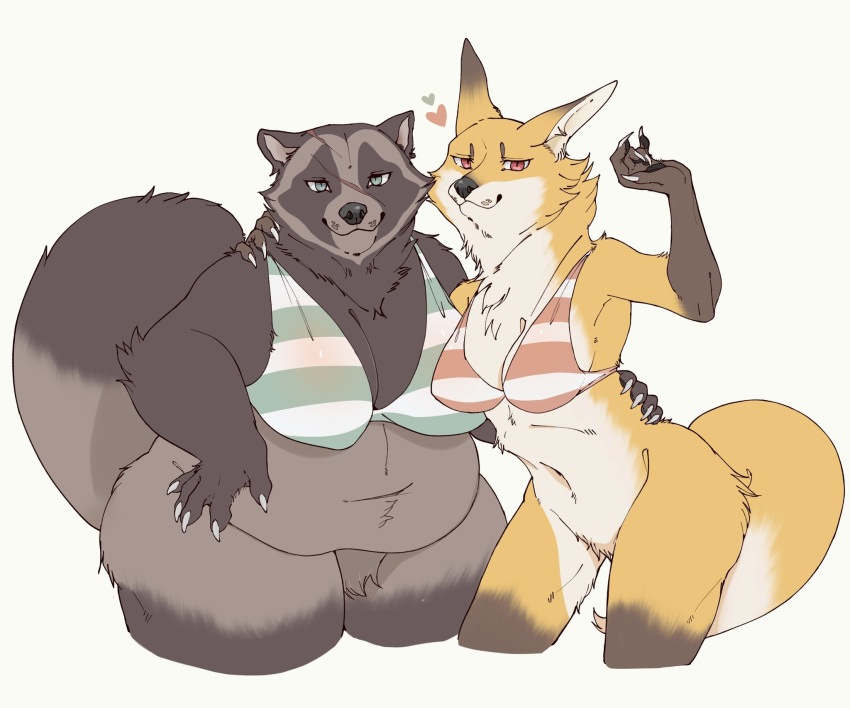 &lt;3 2020 anthro belly big_belly big_breasts big_tail bikini black_nose bottomless breasts brown_body brown_fur canid canine chest_tuft claws cleavage clothed clothing crotch_tuft dipstick_ears dipstick_tail duo featureless_crotch female female/female fluffy fluffy_tail fox fur galette gloves_(marking) green_eyes hand_on_hip hand_over_shoulder hi_res inari_(galette) inner_ear_fluff kemono leg_markings looking_at_viewer mammal markings multicolored_ears multicolored_tail navel neck_tuft overweight overweight_female portrait raccoon_dog red_eyes scar shigaraki_(galette) side_boob simple_background size_difference smile socks_(marking) standing swimwear tanuki thick_thighs three-quarter_portrait tuft white_background wide_hips yellow_body yellow_fur