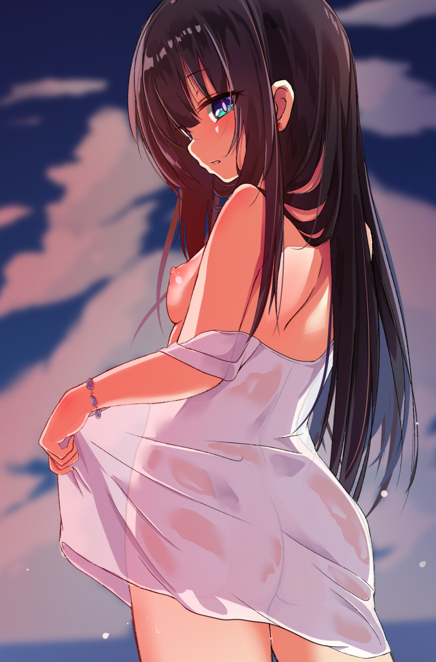 1girl aono_(f_i_s) ass bangs bare_shoulders black_hair blue_eyes blurry blurry_background bracelet breasts cloud cloudy_sky commentary_request depth_of_field dress eyebrows_visible_through_hair from_behind hair_between_eyes highres jewelry long_hair looking_at_viewer looking_back medium_breasts nipples no_bra no_pants off_shoulder original outdoors parted_lips see-through sky solo sunset very_long_hair wet wet_clothes wet_dress white_dress