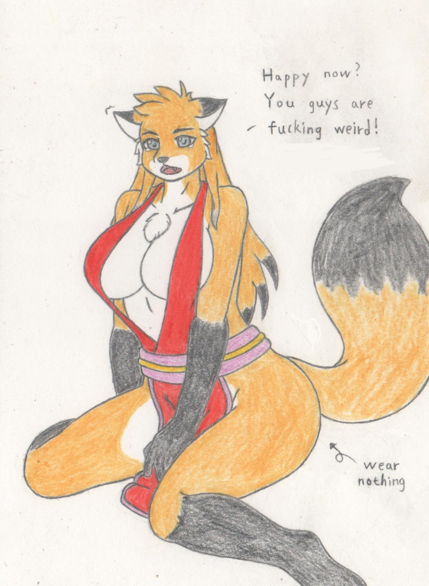 anthro big_breasts black_body black_fur black_nose breasts canid canine canis cleavage clothed clothing colored_pencil_(artwork) crossgender dipstick_ears dipstick_tail english_text felid female fox fur gloves_(marking) hair hi_res imjim007 kneeling leg_markings mammal markings mike_(twokinds) multicolored_body multicolored_ears multicolored_fur multicolored_tail open_mouth orange_body orange_fur profanity socks_(marking) solo text traditional_media_(artwork) twokinds webcomic white_body white_fur