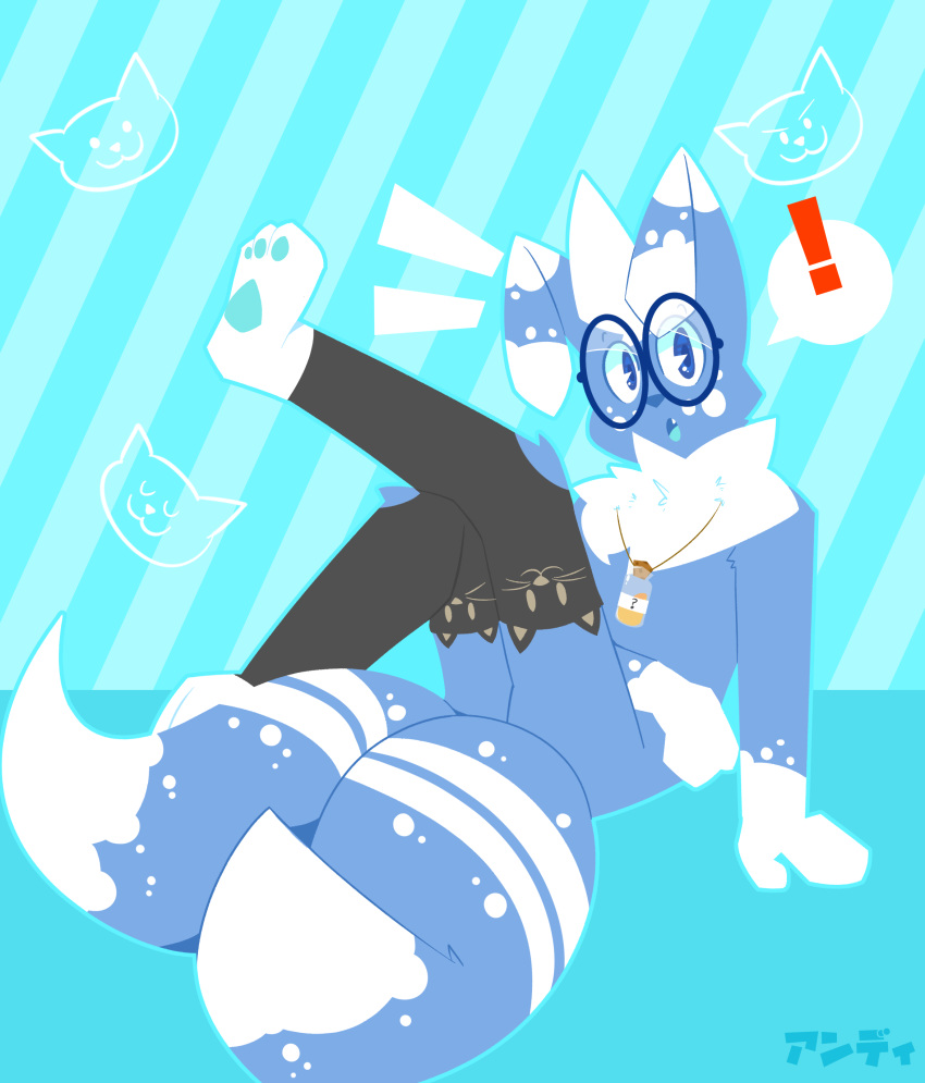 ! 2020 3_toes absurd_res anthro black_clothing black_legwear black_stockings blue_background blue_body blue_eyes blue_fur blue_glasses blue_pawpads butt cat_stockings chest_tuft clothing dipstick_ears dipstick_tail fangs felid feline floppy_ears fur hair hand_on_hip hi_res jewelry leaning leaning_back legs_up legwear male mammal meower_(skweekers) meowstic mostly_nude multicolored_ears multicolored_tail necklace nintendo on_ground open_mouth pawpads pie_cut_eyes pok&eacute;mon pok&eacute;mon_(species) simple_background sitting skweekers solo speech_bubble spots spotted_body spotted_fur stockings striped_body striped_fur stripes surprise toes tuft video_games white_hair white_spots white_stripes
