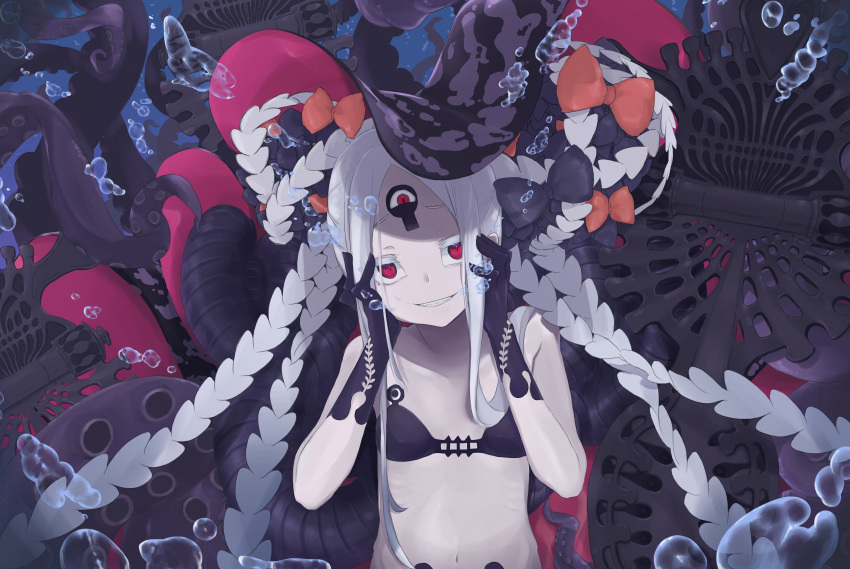 abigail_williams_(fate/grand_order) bikini_top bow bubbles elbow_gloves fate/grand_order fate_(series) flat_chest gloves lazu0721 long_hair red_eyes tentacles underwater water white_hair