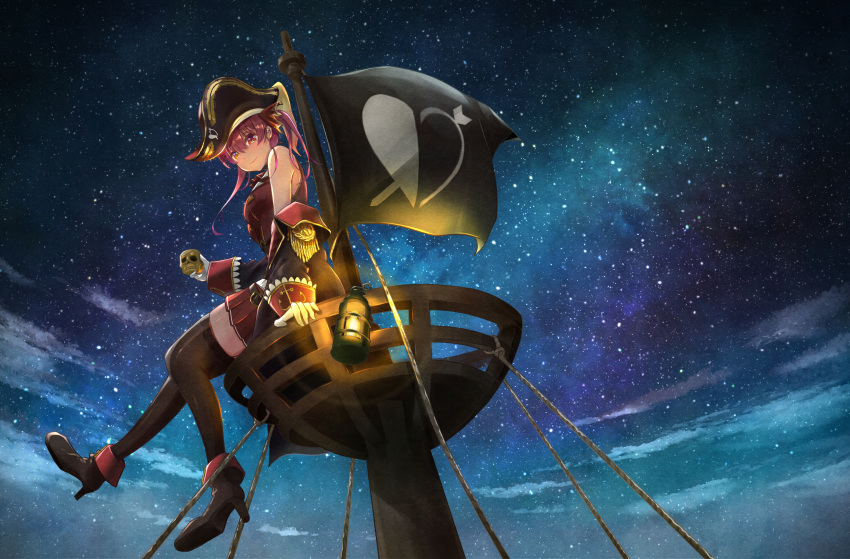 1girl absurdres black_footwear black_jacket black_legwear breasts crow's_nest flag hat high_heels highres hololive houshou_marine huge_filesize jacket jacket_removed lantern long_hair looking_at_viewer night night_sky outdoors pirate_costume pirate_hat red_eyes red_hair red_ribbon red_skirt ribbon saku39 sitting skirt sky smile solo thighhighs twintails virtual_youtuber zettai_ryouiki