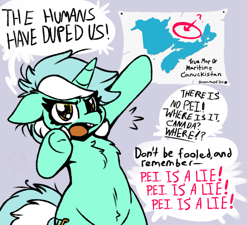 amber_eyes angry canada chest_tuft conspiracy_theory cutie_mark dialogue english_text equid equine female feral friendship_is_magic fur green_body green_fur hair hasbro horn lyra_heartstrings_(mlp) mammal multicolored_hair my_little_pony simple_background skoon text tongue tuft two_tone_hair underhoof unicorn yelling