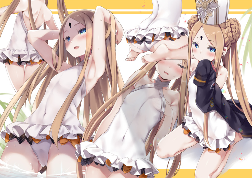 1girl abigail_williams_(fate/grand_order) abigail_williams_(swimsuit_foreigner)_(fate) armpits arms_behind_head arms_up ass back bangs bare_shoulders black_bow black_jacket blonde_hair blue_eyes bow braid braided_bun breasts closed_eyes double_bun dress_swimsuit fate/grand_order fate_(series) forehead jacket keyhole long_hair mitre multiple_bows multiple_views natsume_eri off_shoulder open_clothes open_jacket open_mouth orange_bow parted_bangs sidelocks sitting small_breasts smile swimsuit thighs twintails very_long_hair wading wariza wet white_headwear white_swimsuit