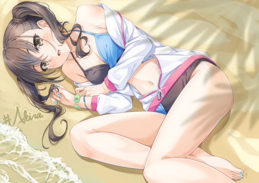 1girl bangs bare_shoulders barefoot beach bikini blue_nails blush bracelet breasts brown_eyes brown_hair cleavage commentary_request day error eyebrows_visible_through_hair hair_between_eyes halter_top halterneck idolmaster idolmaster_cinderella_girls jacket jewelry long_hair long_sleeves looking_at_viewer lying medium_breasts miri_(ago550421) mole mole_under_eye multicolored multicolored_bikini multicolored_clothes navel off_shoulder on_side open_mouth outdoors revision sand sharp_teeth solo sunazuka_akira swimsuit teeth twintails water white_jacket zipper zipper_pull_tab