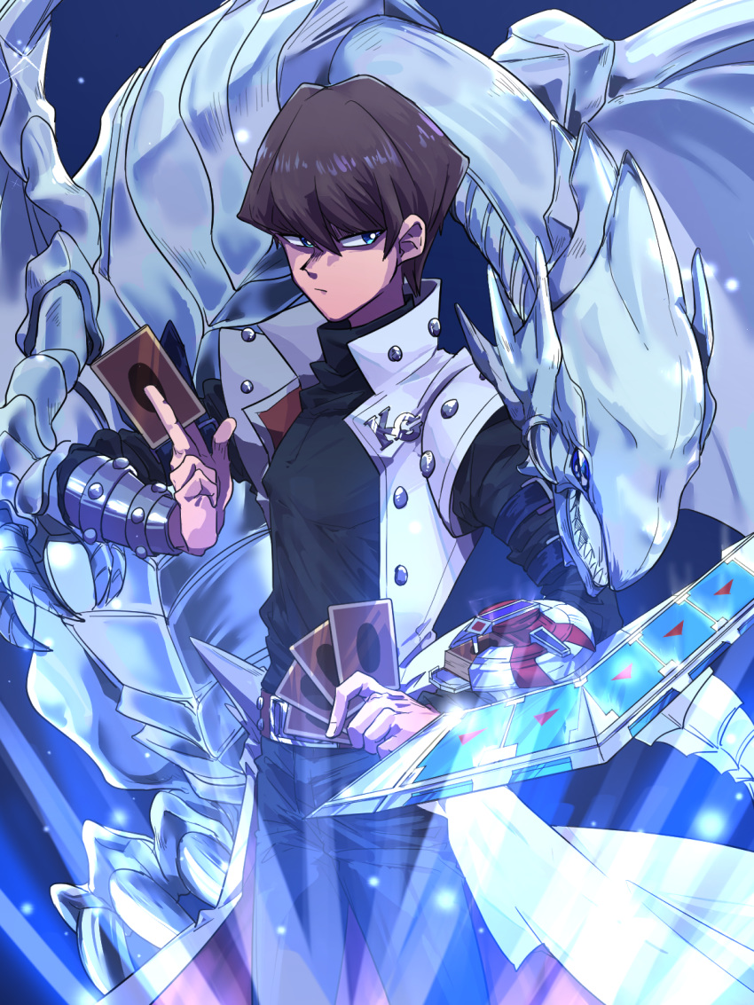 1boy belt belt_buckle blue-eyes_white_dragon blue_background blue_eyes blue_theme brown_belt brown_hair buckle card claws closed_mouth coat dragon duel_disk duel_monster fingernails hair_between_eyes highres holding holding_card kaiba_seto light_particles light_rays male_focus monster parted_lips sharp_teeth sinxabu sparkle standing teeth turtleneck white_coat yuu-gi-ou