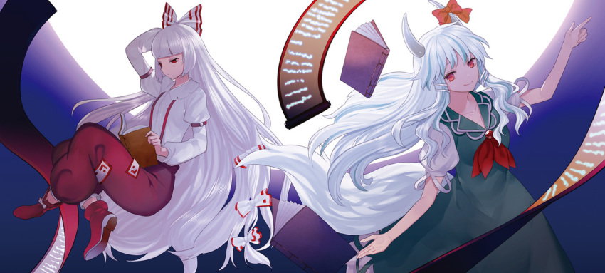 2girls baggy_pants bangs blue_hair book bow buttons cheat-nu collared_dress collared_shirt crossed_legs dress fujiwara_no_mokou green_dress hair_bow hair_ornament hand_behind_head hat hime_cut horns imperishable_night kamishirasawa_keine long_hair long_sleeves moon multicolored_hair multiple_girls neckerchief night ofuda pants pointing_to_the_side puffy_short_sleeves puffy_sleeves reading red_bow red_eyes red_footwear red_neckwear red_pants scroll shirt shoe_bow shoes short_sleeves sidelocks silver_hair smile suspenders tokin_hat touhou two-tone_hair very_long_hair white_bow white_hair white_shirt