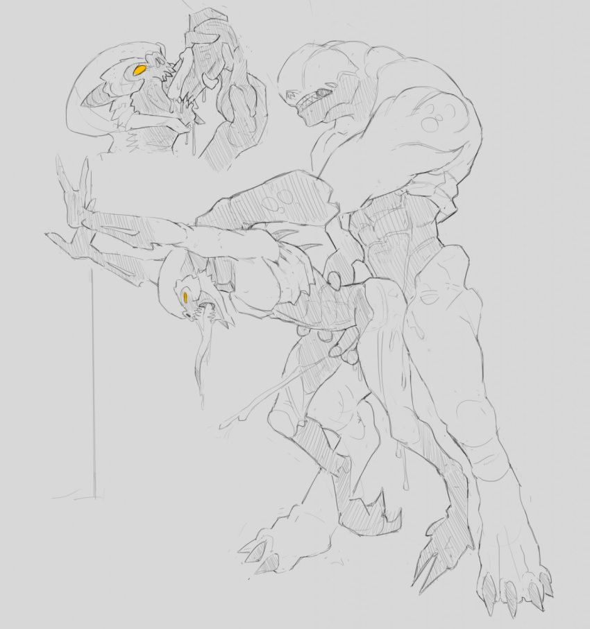 anthro ball_grab balls bodily_fluids cum cum_while_penetrated cumshot demon doom_(series) duo ejaculation fellatio from_behind_position genital_fluids genitals hell_knight hi_res id_software imp_(doom) larger_male long_tongue male male/male male_penetrated male_penetrating male_penetrating_male multiple_positions murskahammas nude open_mouth oral penetration penile penis penis_grab sex size_difference sketch smaller_male smaller_penetrated standing standing_sex tongue tongue_out tonguejob video_games yellow_eyes