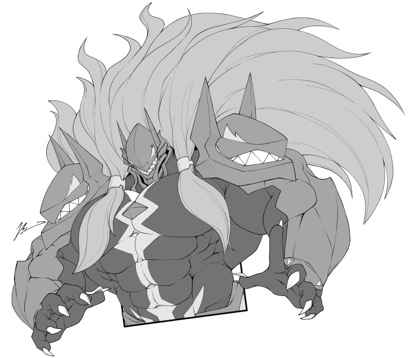 anthro arc_system_works biceps black_body blazblue claws demon flammars hair hi_res humanoid male mask monochrome muscular muscular_anthro muscular_male pecs pose shoulder_pads smile smirk solo susano'o teeth video_games yongdasom