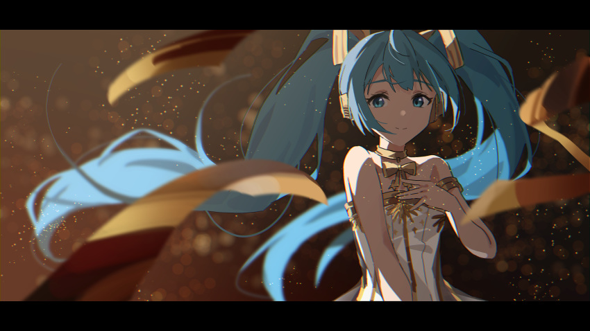 1girl agas_(vpwt7475) aqua_eyes aqua_hair armband blurry blurry_background blurry_foreground commentary_request depth_of_field dress hand_on_own_chest hatsune_miku letterboxed ribbon smile solo sparkle strapless strapless_dress twintails upper_body vocaloid