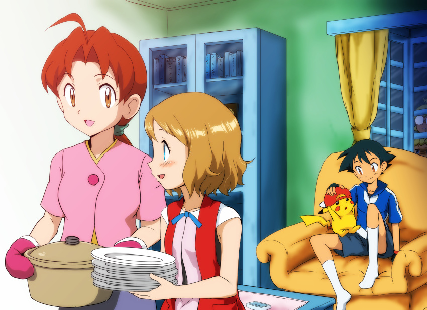 2boys 3girls absurdres ahoge ash_ketchum blue_jacket blush bonnie_(pokemon) brown_eyes brown_hair chair clemont_(pokemon) commentary_request curtains delia_ketchum eye_contact eyelashes gen_1_pokemon greatestwashi hair_tie highres holding holding_plate holding_pot indoors jacket looking_at_another looking_in_window mittens mother_and_son multiple_boys multiple_girls open_mouth pikachu pink_mittens plate pokemon pokemon_(anime) pokemon_(creature) pokemon_on_leg pokemon_xy_(anime) ponytail pot serena_(pokemon) shiny shiny_hair short_hair short_sleeves shorts sitting skirt socks tied_hair tongue white_legwear window