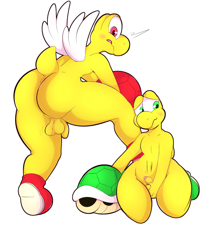 2020 alpha_channel anthro anus balls barely_visible_anus belly blush butt clothing covering covering_crotch duo footwear footwear_only front_view genitals green_eyes hand_on_penis hi_res humanoid_genitalia humanoid_penis kneeling koopa_paratroopa koopa_troopa lightningfire12 looking_at_viewer looking_away looking_back male mario_bros mostly_nude navel nintendo nude penis rear_view red_eyes scalie shell shell-less shoes shoes_only shy simple_background small_balls small_penis small_tail thick_thighs transparent_background uncut video_games wings