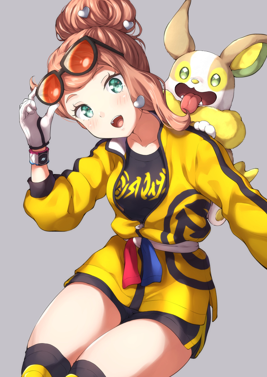 1girl :d black_shirt blush collarbone commentary_request dynamax_band eyelashes gen_8_pokemon gloves green_eyes grey_background hair_bun hair_ornament heart heart_hair_ornament highres jacket knee_pads master_dojo_uniform miyabi_(miyabeeya) open_mouth orange_hair pokemon pokemon_(creature) pokemon_(game) pokemon_on_back pokemon_swsh sash shirt shorts smile sonia_(pokemon) sunglasses teeth tongue white_gloves yamper yellow_jacket zipper_pull_tab