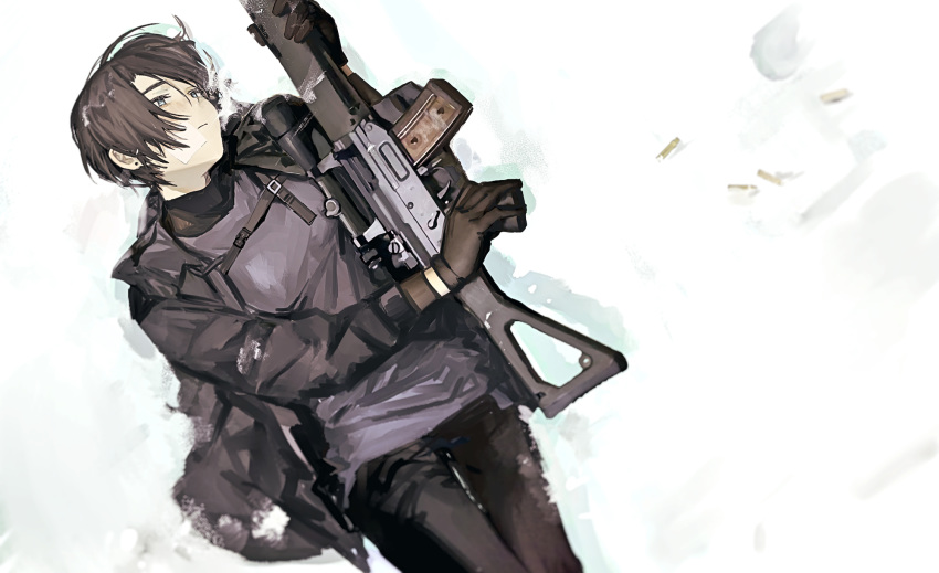 1girl androgynous assault_rifle brown_hair commentary gloves gun highres holding holding_gun holding_weapon lying on_back original rifle scope seallllion shell_casing short_hair sig_550 snow solo weapon